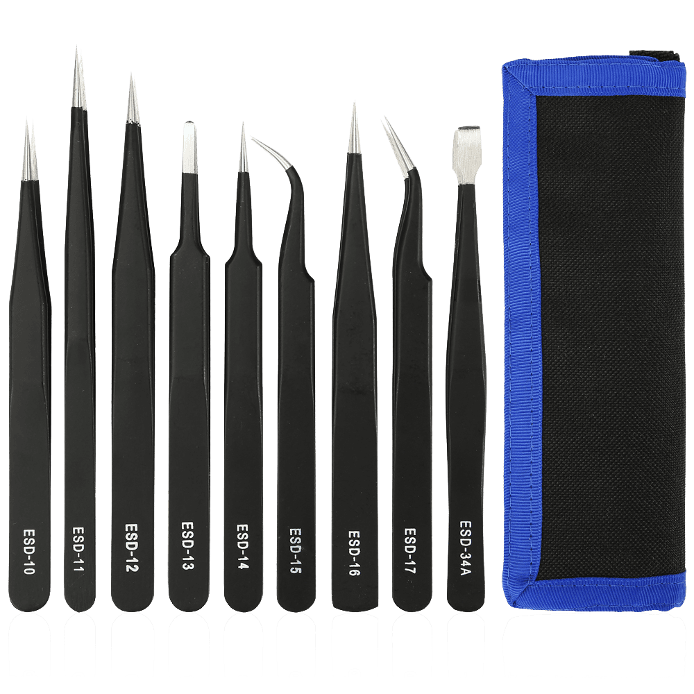 DELTACO - Tweezer kit, 9 pieces, ESD, black