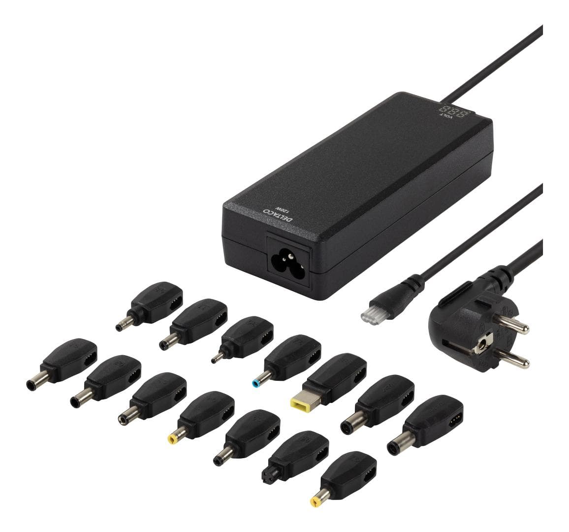 DELTACO - laddare för notebook, 15-20V 8A 120W LED-display olika ko