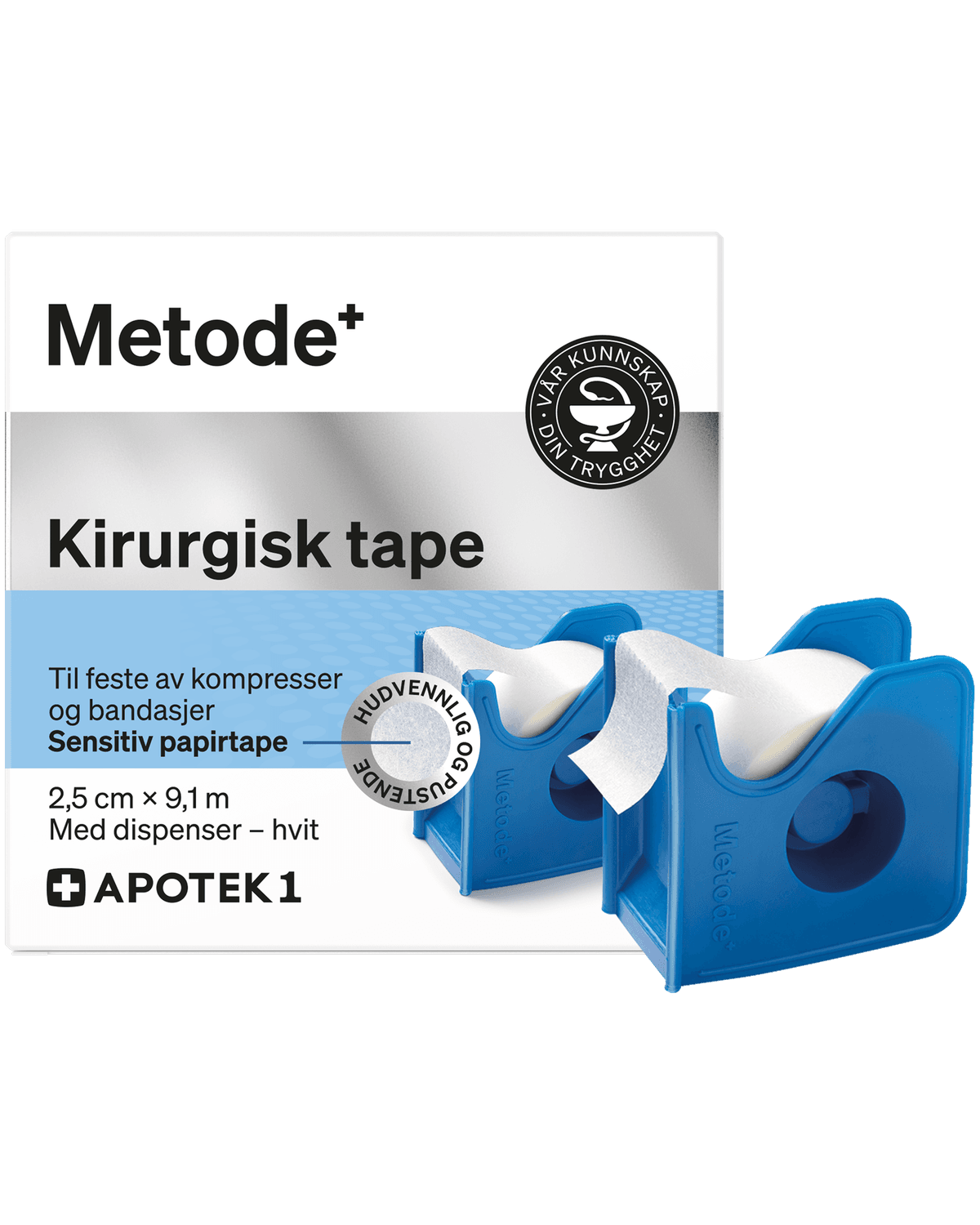 Metode kirurgisk tape 2,5 cm x 9,1 m hvit med dispenser 1 stk