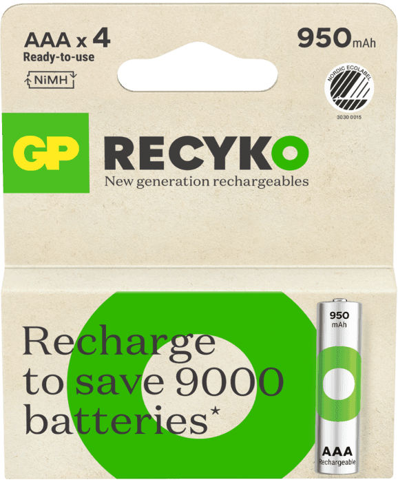 GP Recyko AAA-batteri 950 mAh 4-pk