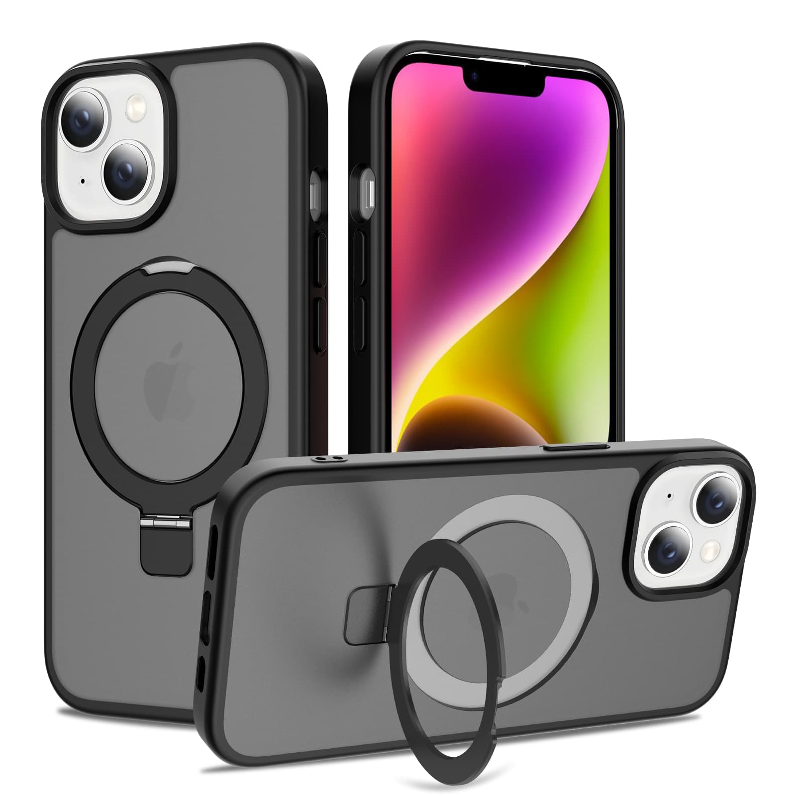 iPhone 15 Magnetic hybriddeksel med stativfunksjon, Svart