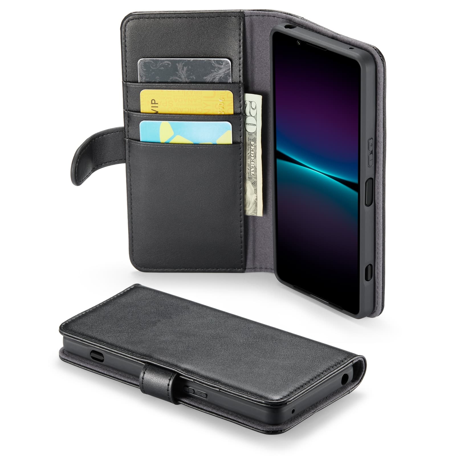 Sony Xperia 10 VII Lommeboketui i ekte skinn, Svart