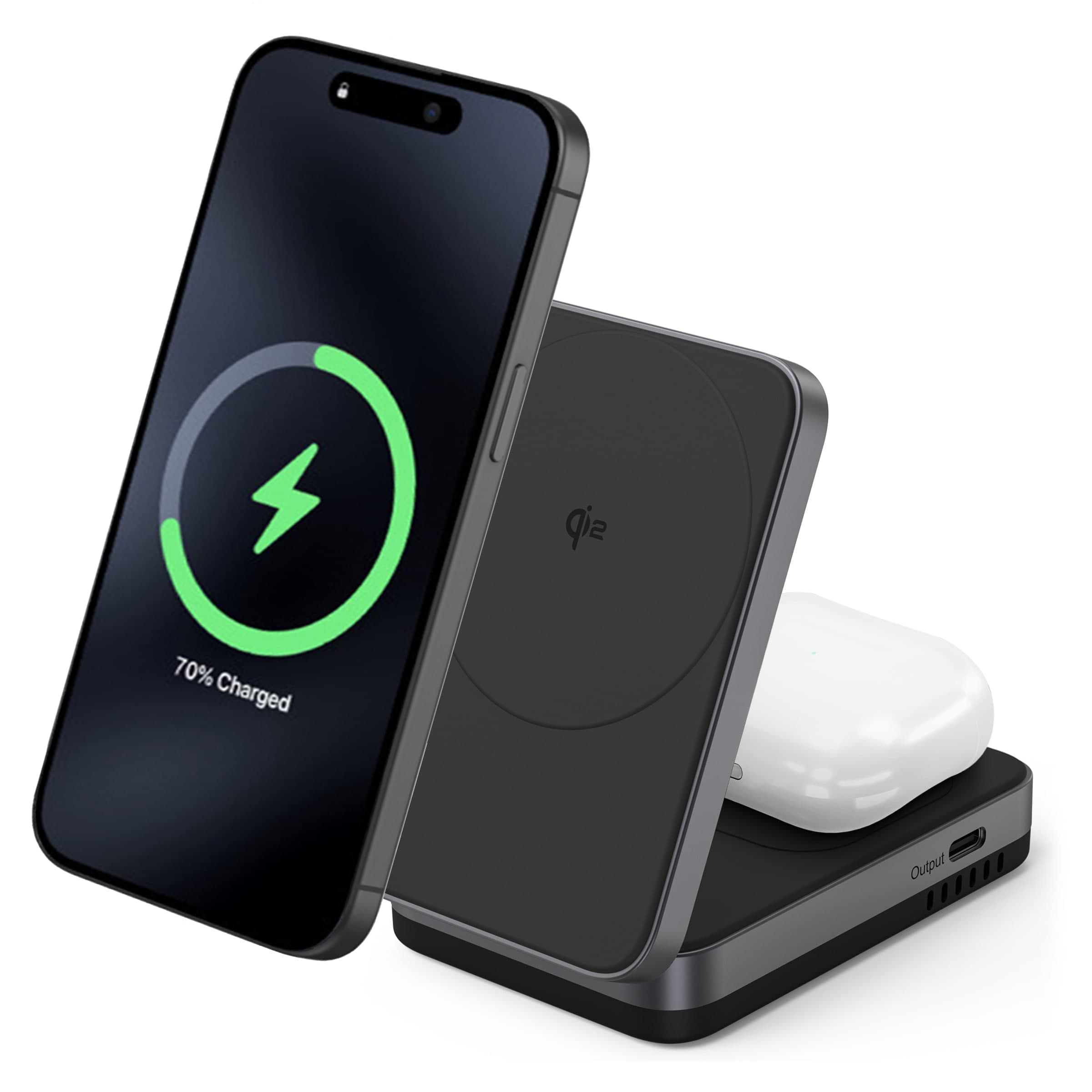 Compact Qi2 Magnetisk Trådløs Sammenleggbar Ladestativ 2-i-1, Sort