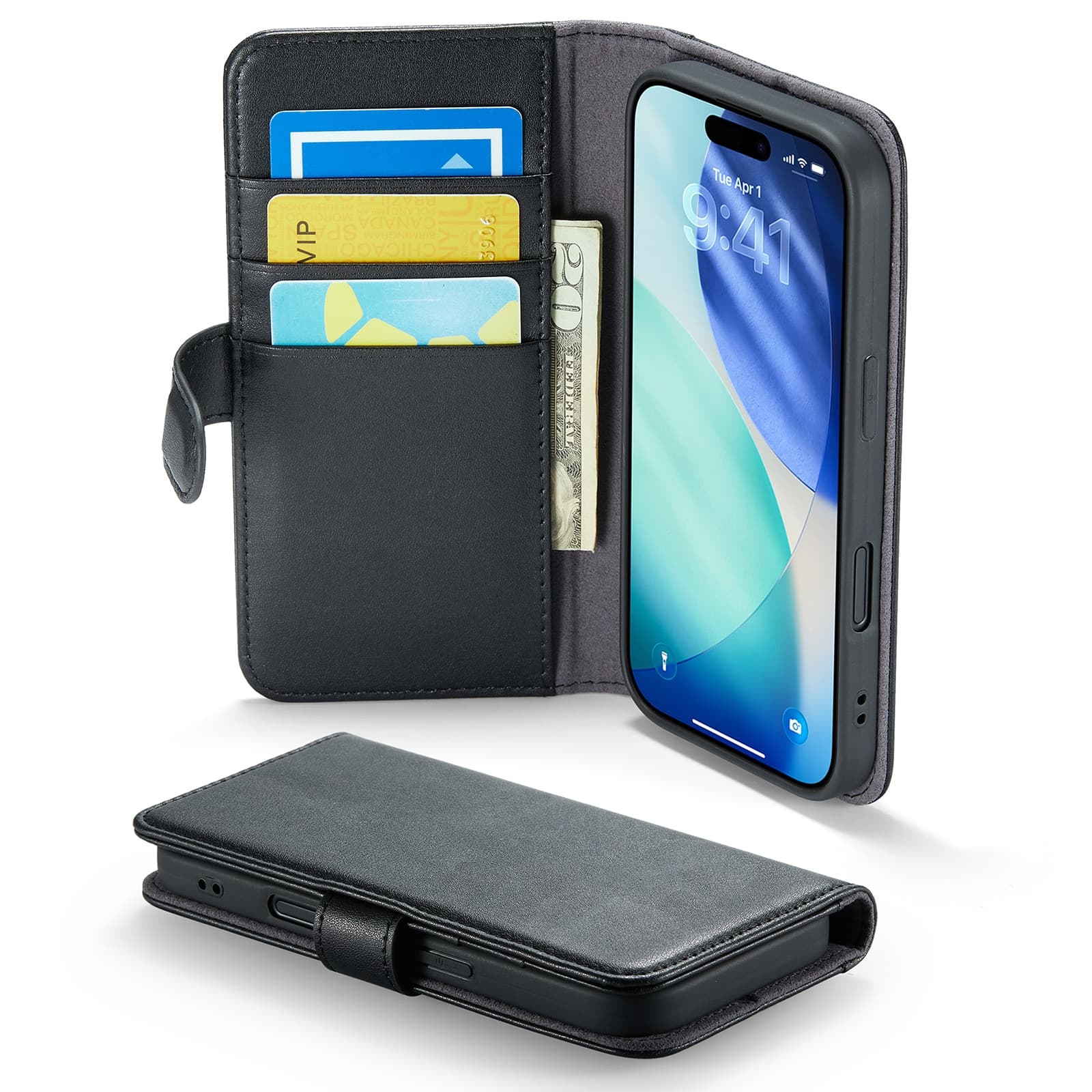 iPhone 17 Lommeboketui i ekte skinn, Svart