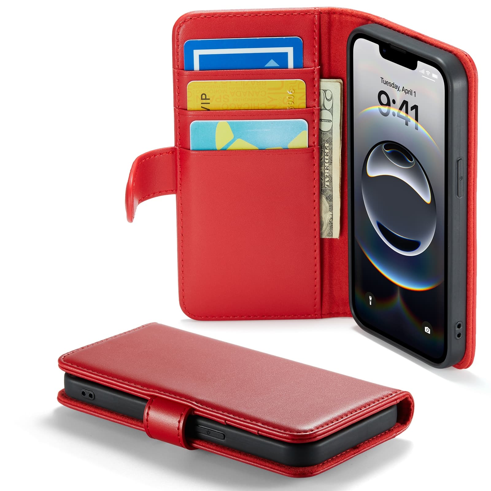 iPhone 16e Lommeboketui i ekte skinn, Rød