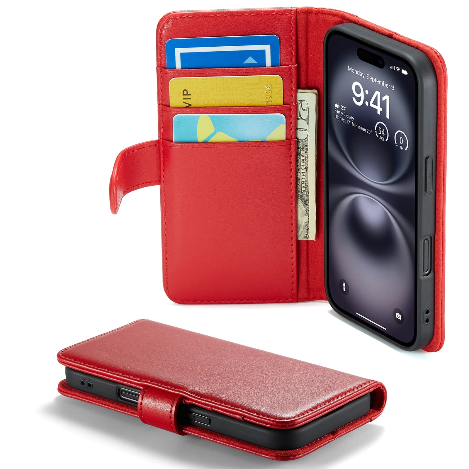 iPhone 16 Lommeboketui i ekte skinn, Rød
