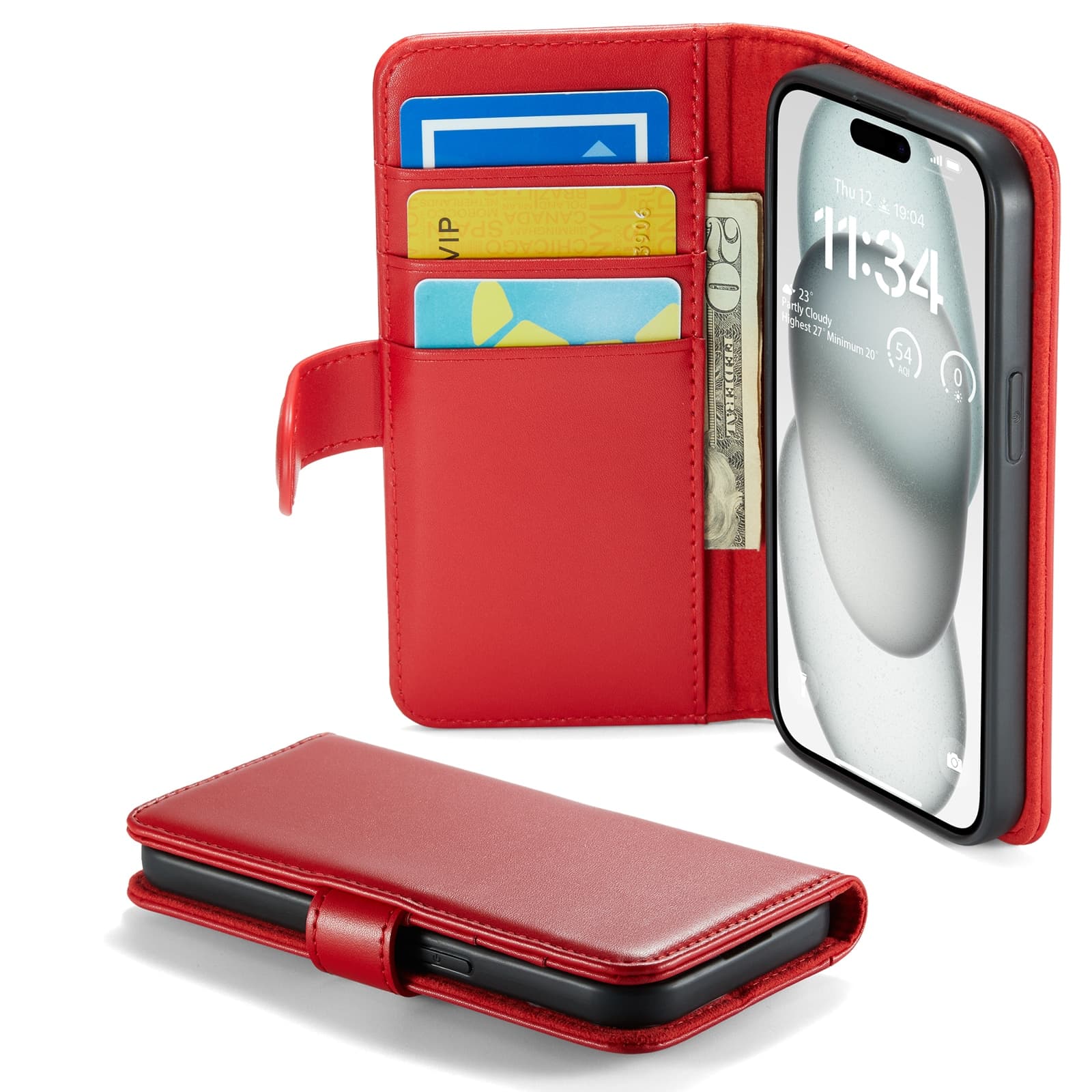 iPhone 15 Lommeboketui i ekte skinn, Rød