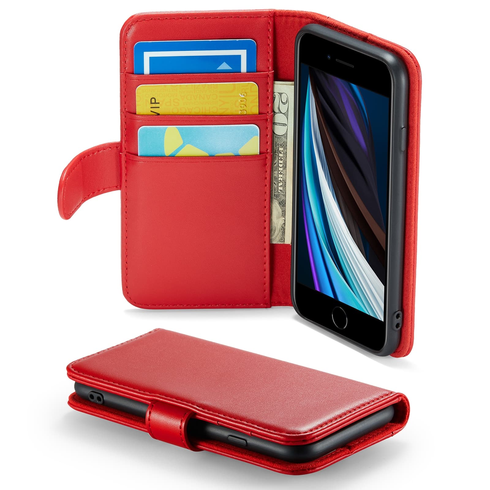 iPhone SE 2022 Lommeboketui i ekte skinn, Rød