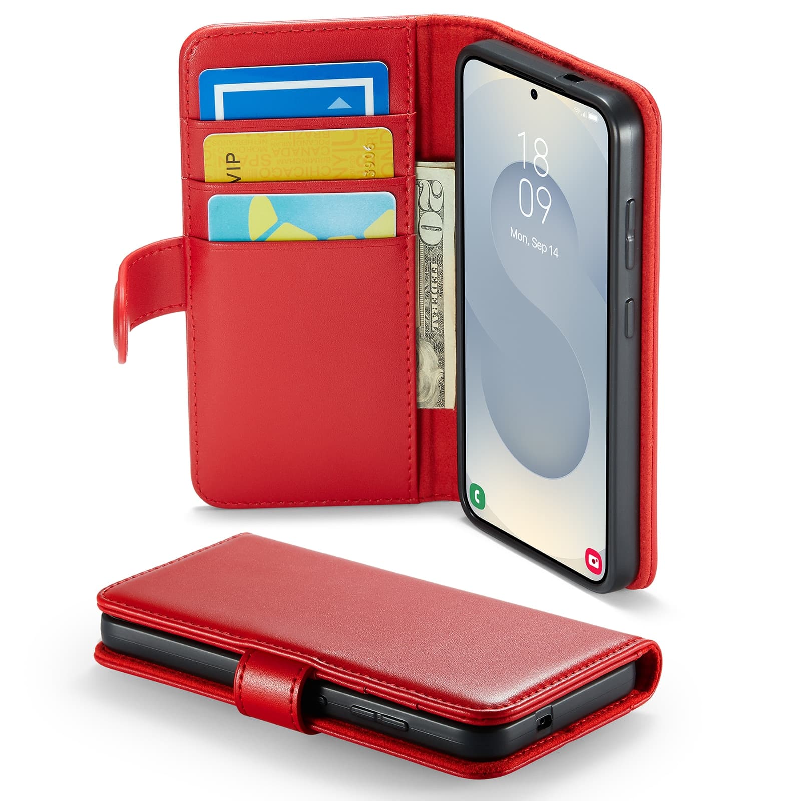 Samsung Galaxy S25 Lommeboketui i ekte skinn, Rød