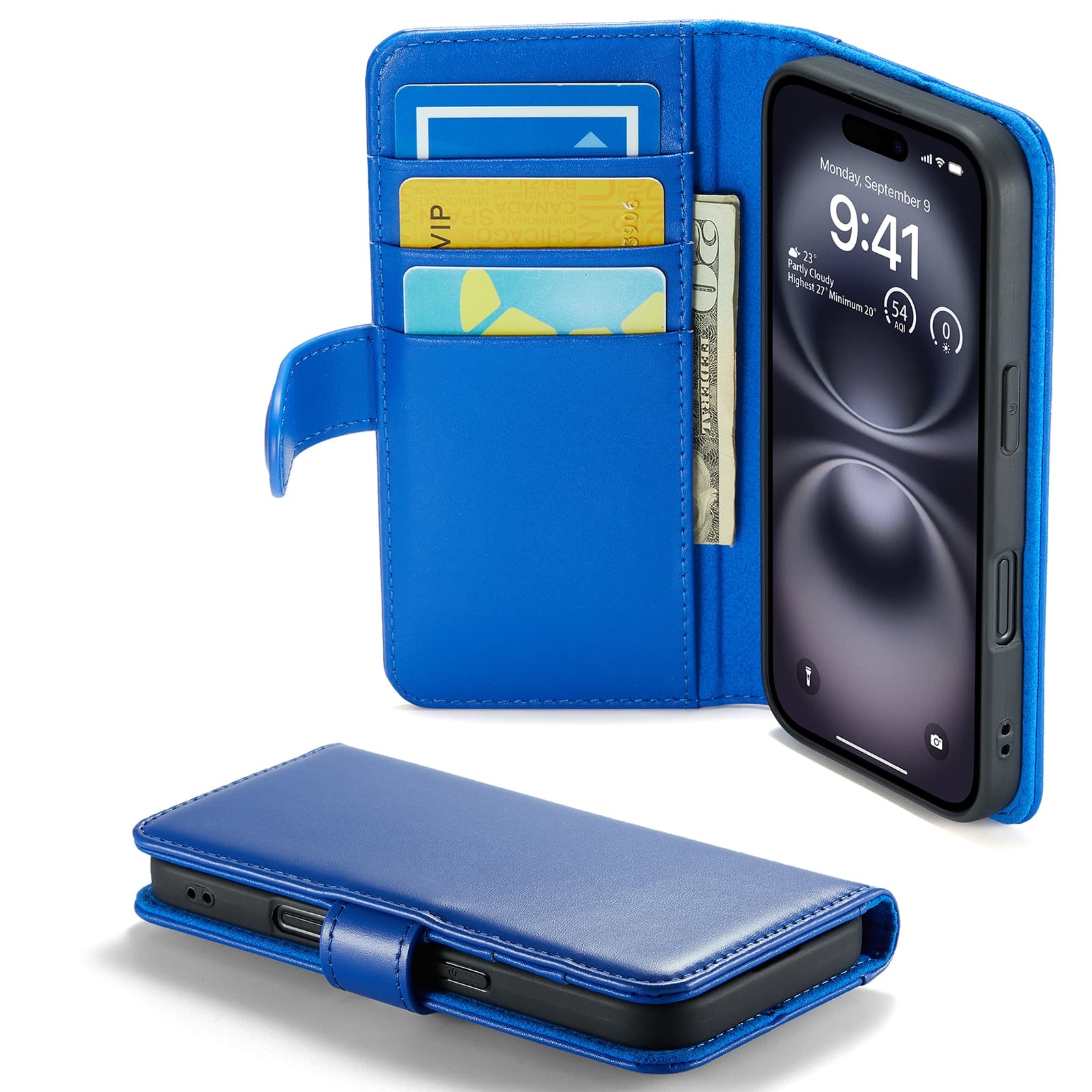 iPhone 16 Lommeboketui i ekte skinn, Blå