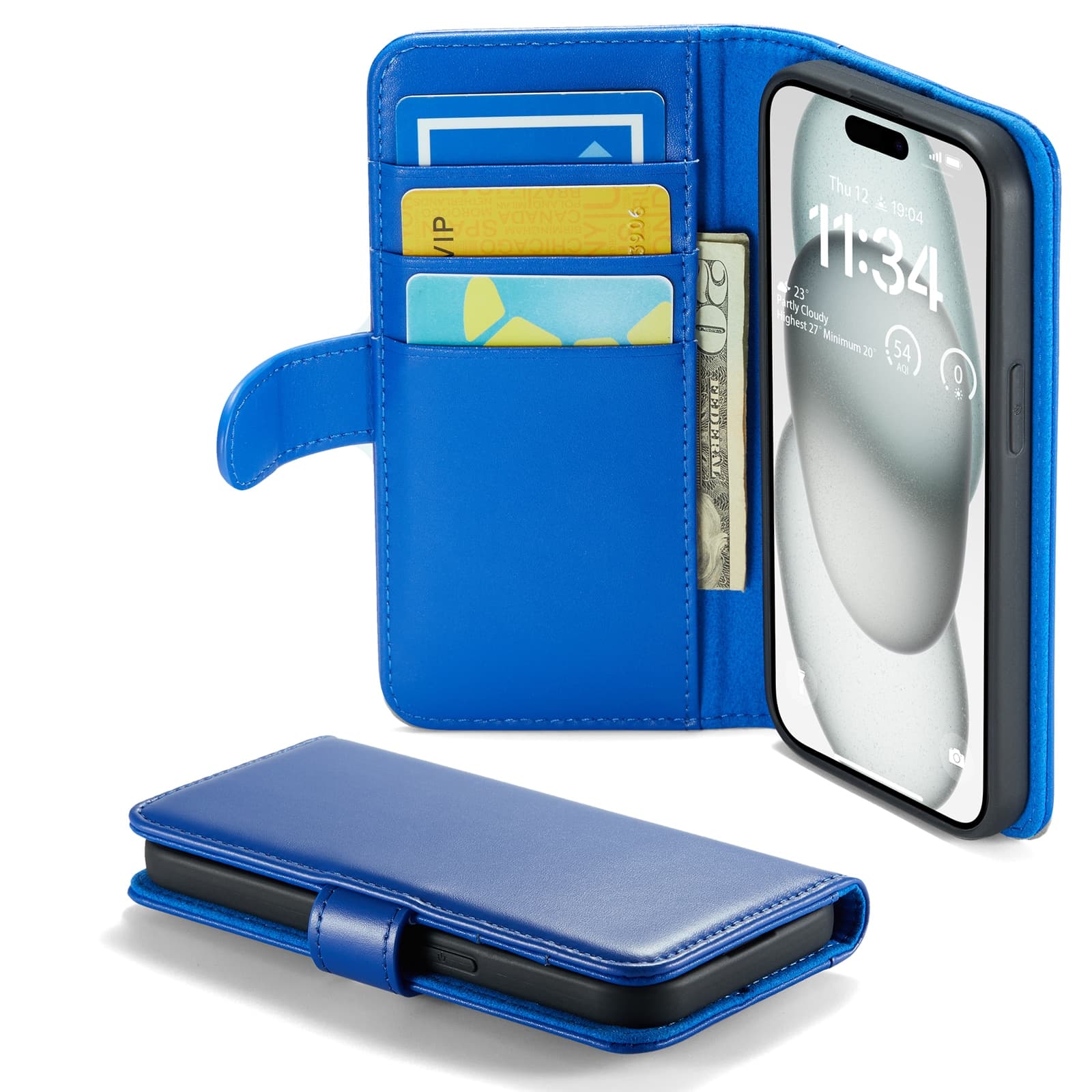 iPhone 15 Lommeboketui i ekte skinn, Blå