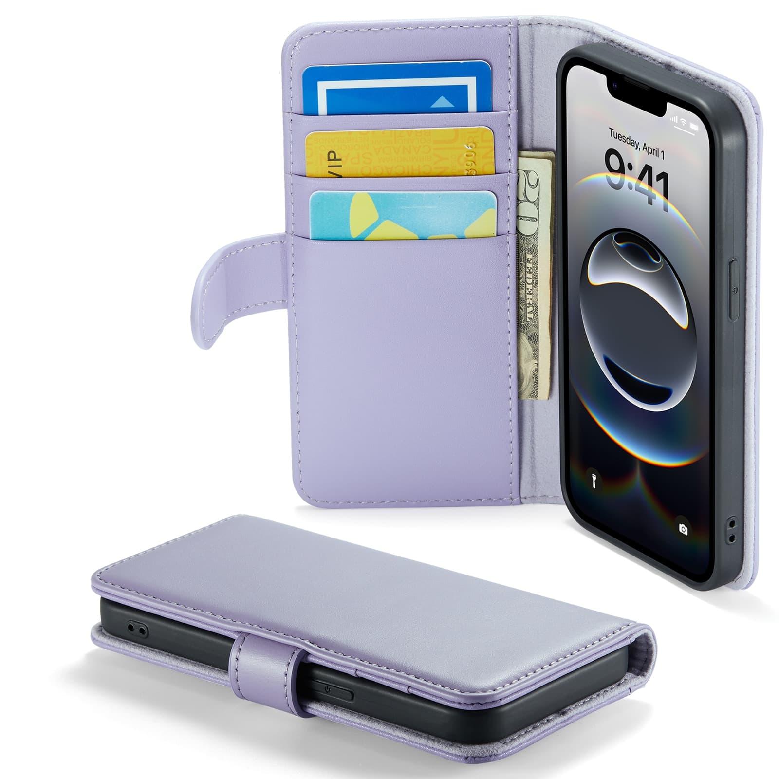 iPhone 16e Lommeboketui i ekte skinn, Lilla