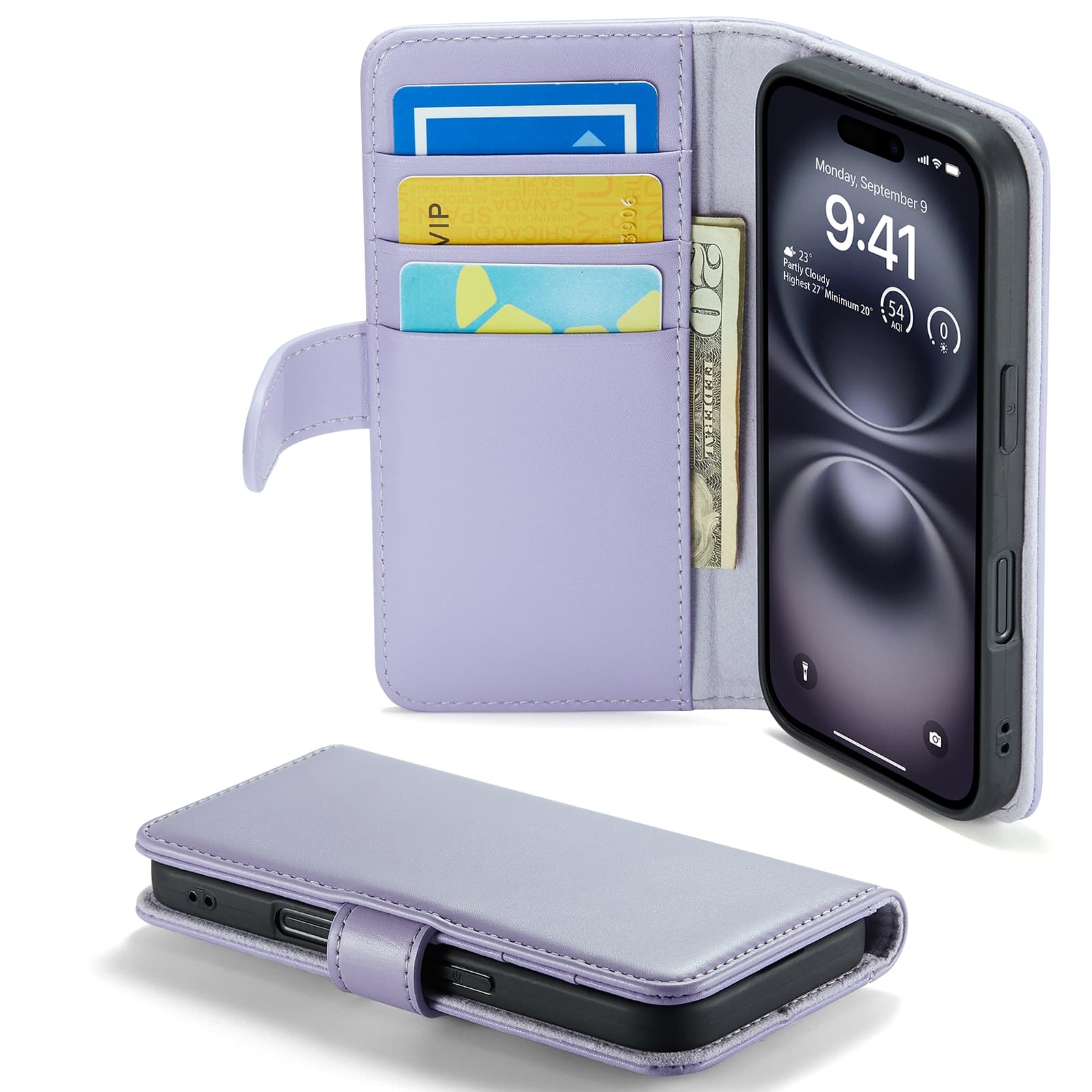 iPhone 16 Lommeboketui i ekte skinn, Lilla