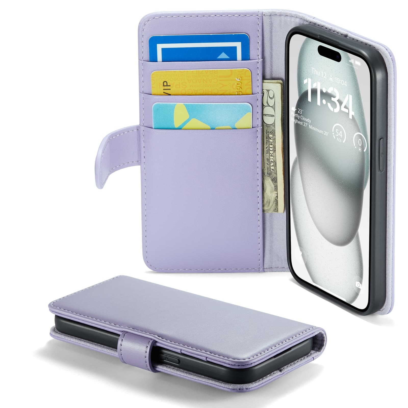 iPhone 14 Lommeboketui i ekte skinn, Lilla