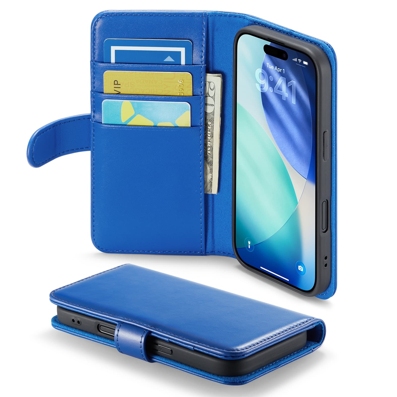 iPhone 17 Lommeboketui i ekte skinn, Blå