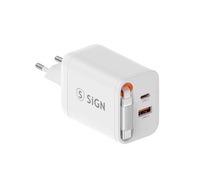 Hurtiglader GaN 40W USB-C & USB-A med uttrekkbar USB-C-kabel, Hvit