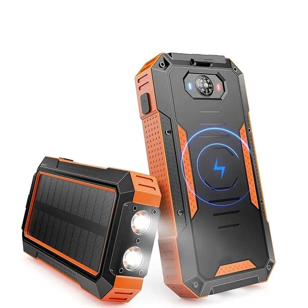 Trådløs Solcelle Powerbank 20000 mAh med Kompass, Oransje