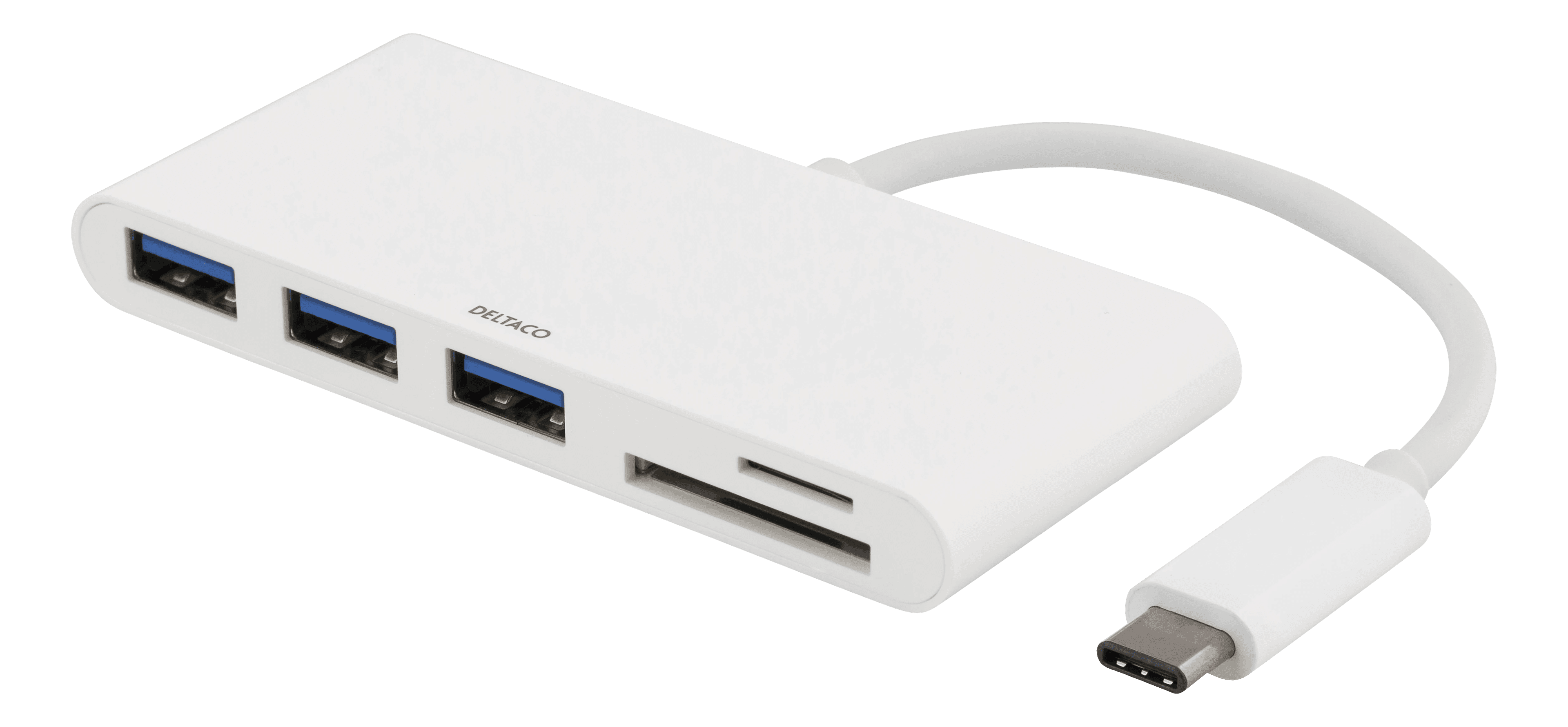 USB-C-hub med 3x USB-A-porter og SD/microSD-kortleser, Hvit