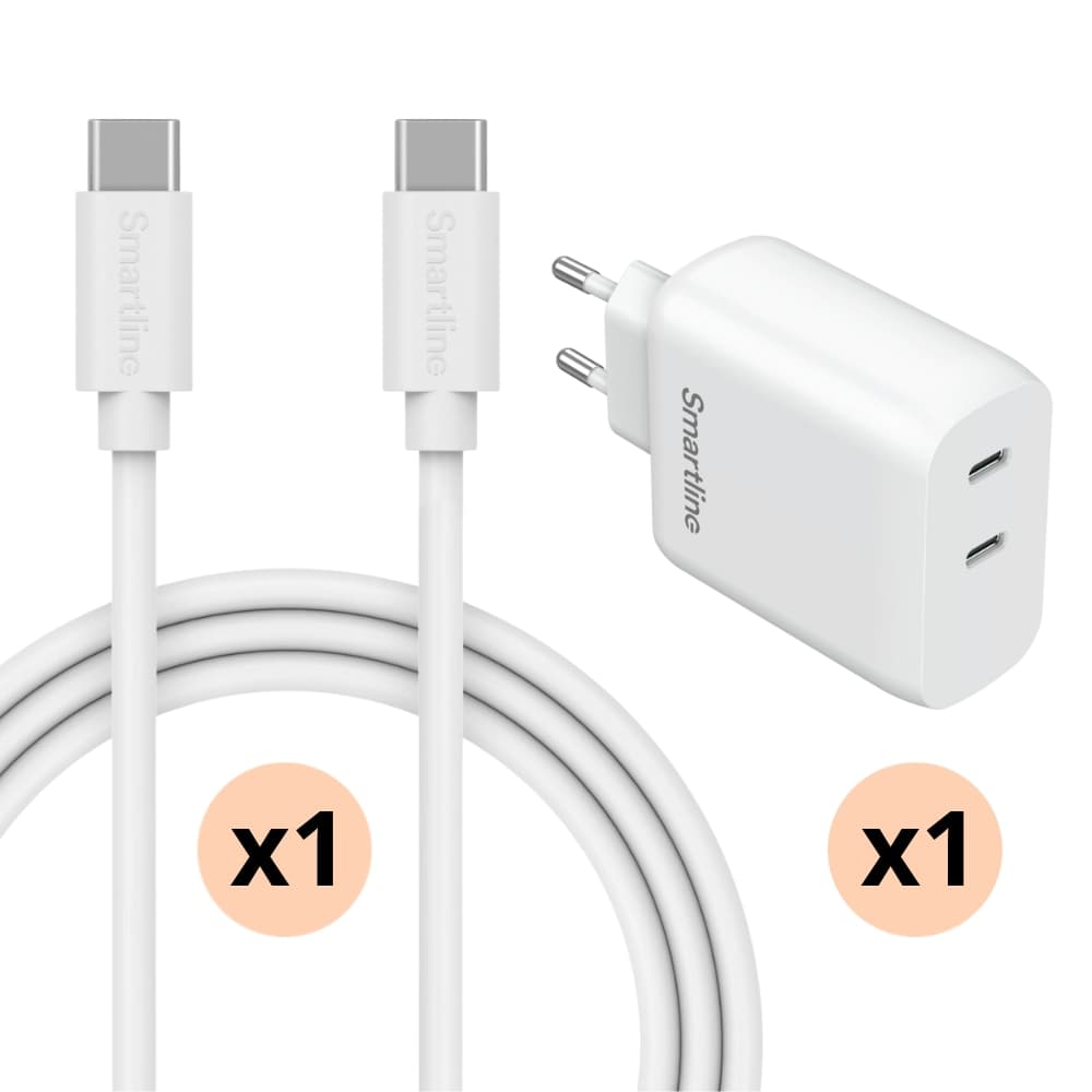 Samsung Galaxy A16 Hurtiglader med 2 m USB-C-kabel og 2 porter 35W, Hvit