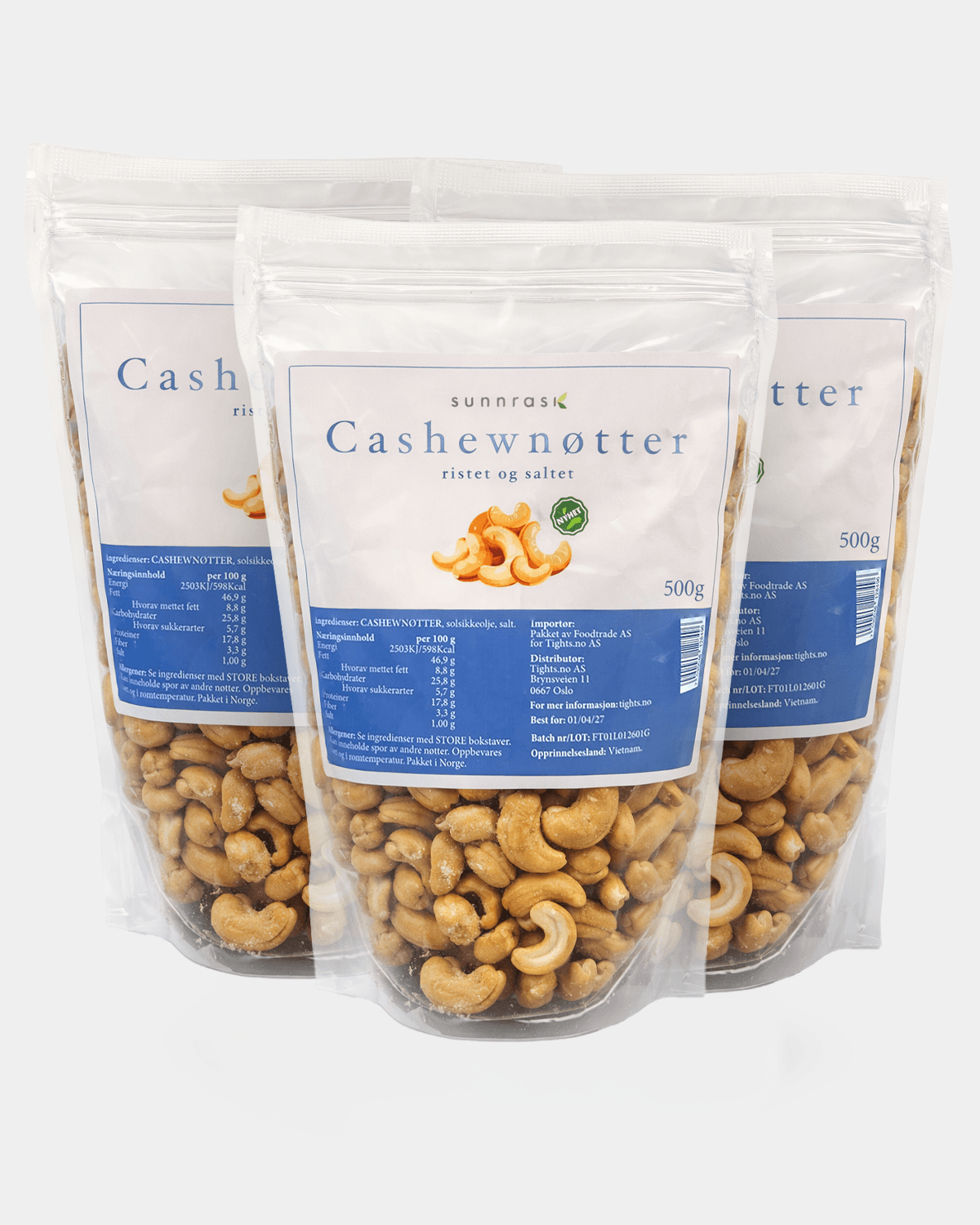 SunnRask Salte/Ristede Cashewnøtter 3x500g