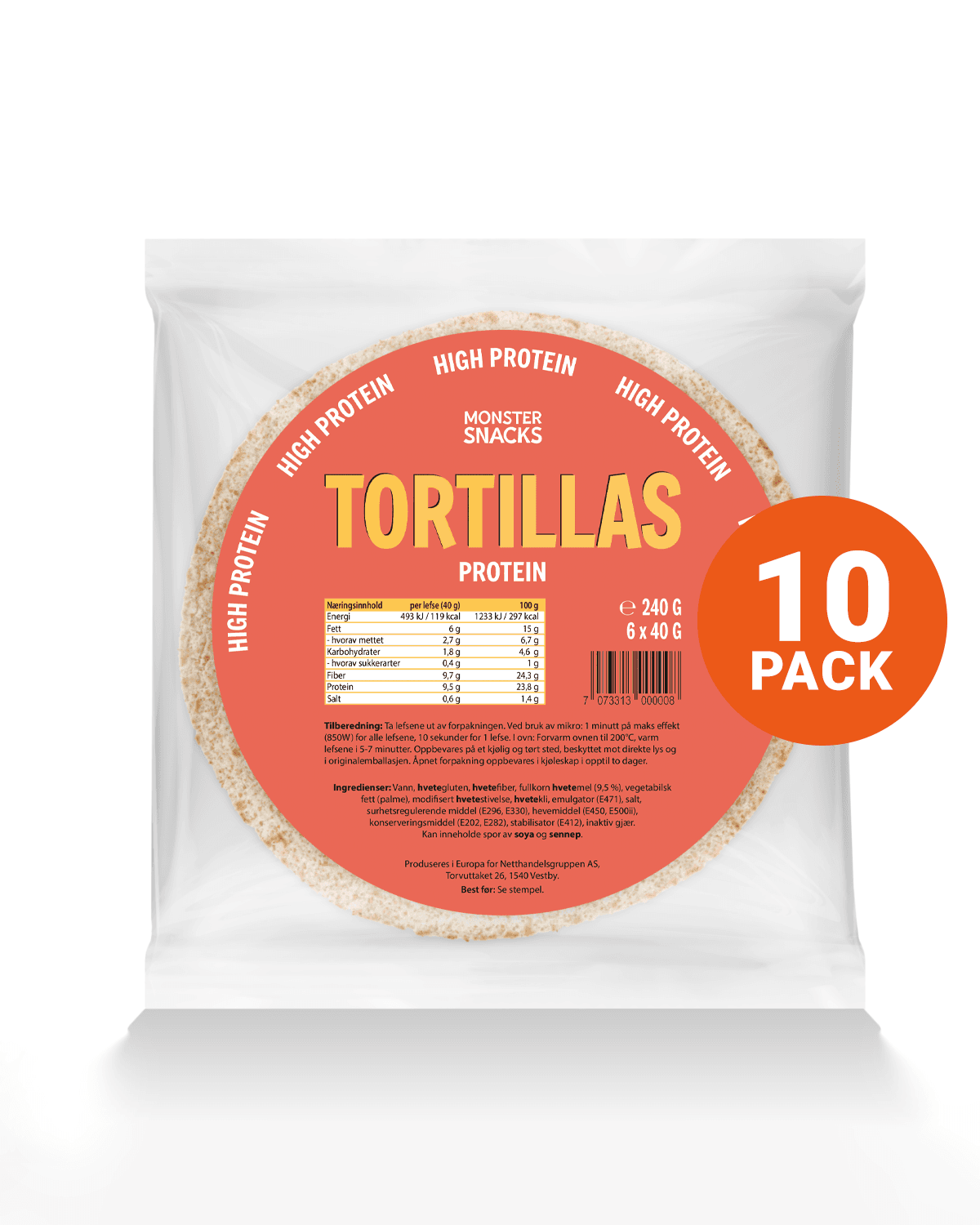 Monster Høyprotein Tortillas 10-Pack (60 lefser)