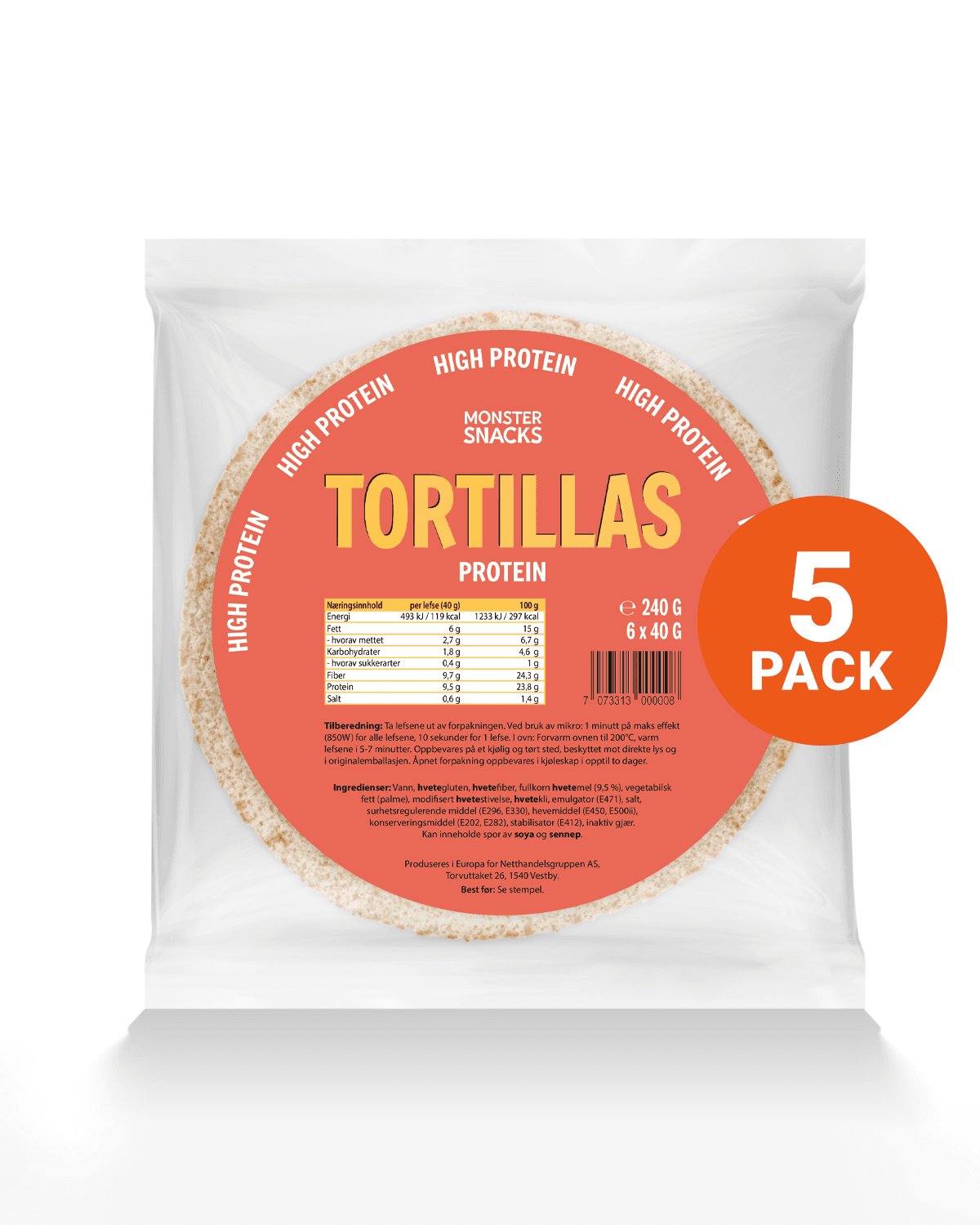 Monster Høyprotein Tortillas 5-Pack (30 lefser)