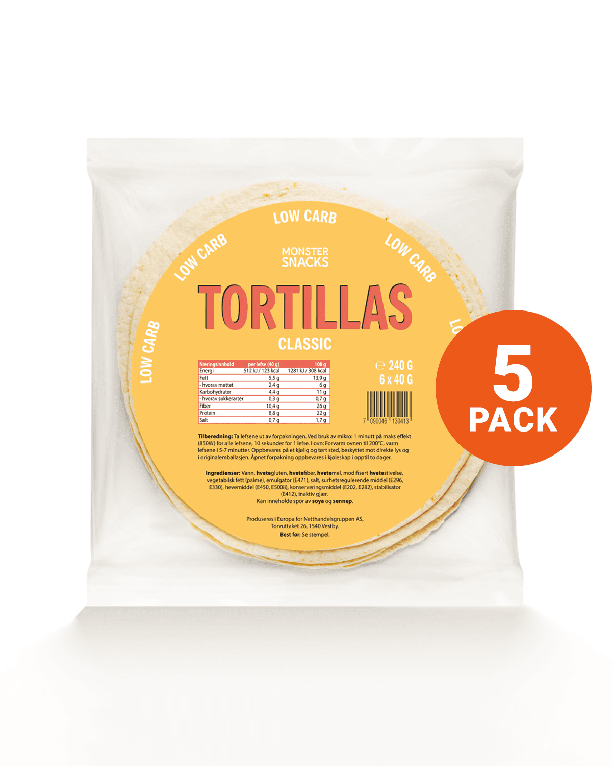 Monster Lavkarbo Tortillas 5-Pack (30 lefser)