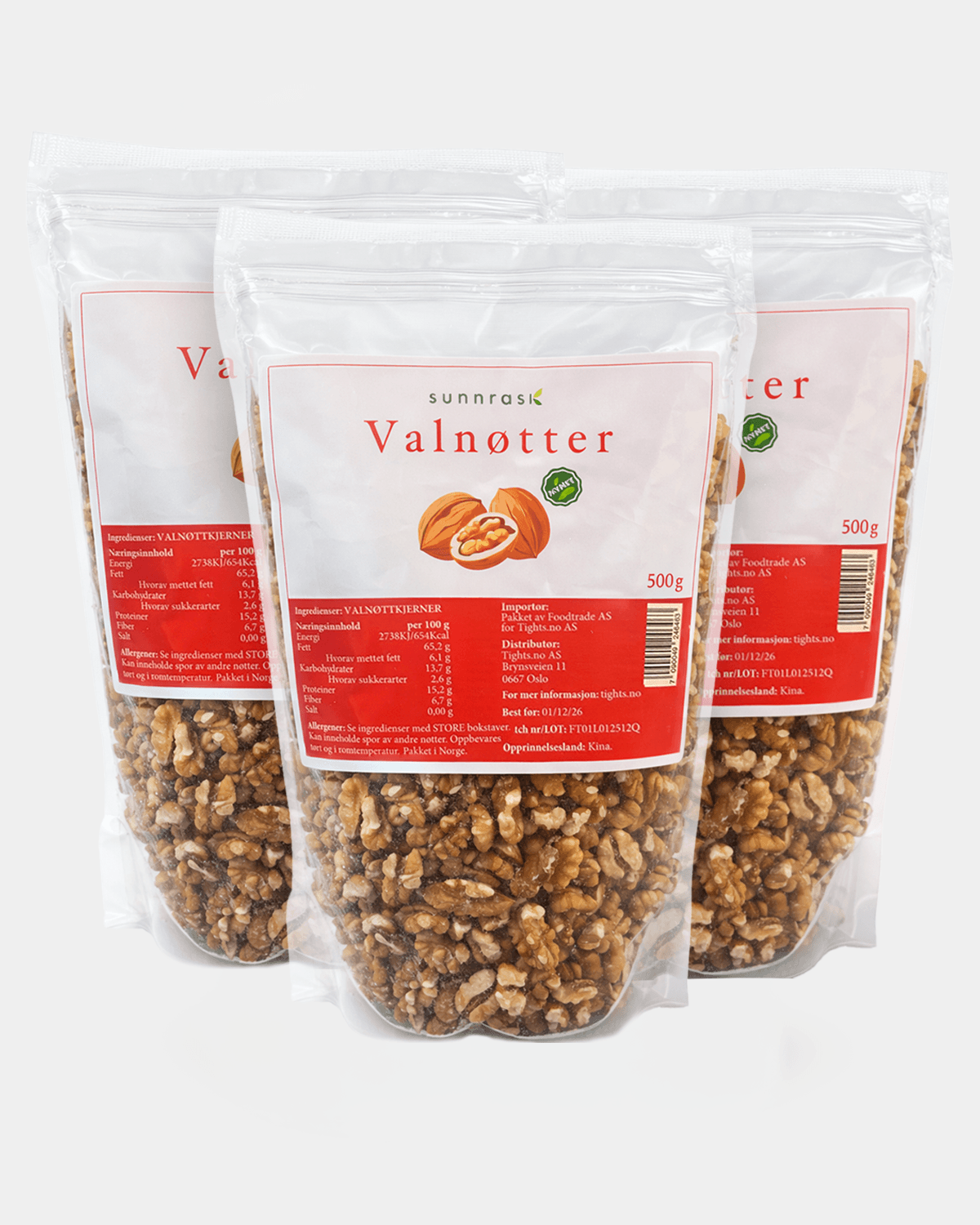 SunnRask Valnøtter (Kjerner) 3x500g