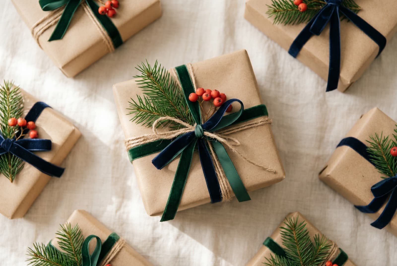 Innpakkede julegaver i kraftpapir med grønne og marineblå fløyelsbånd