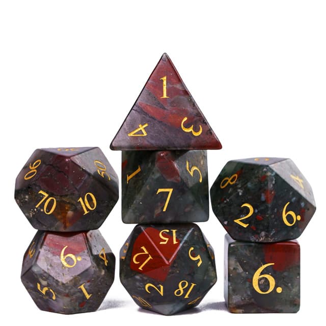 Gemstone Poly Blood Stone Red, Grey /Gold (7) Terningsett