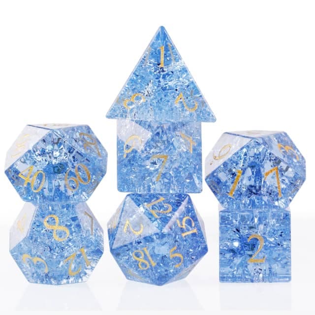 Cracked Glass Poly Light Blue /Gold (7) Terningsett