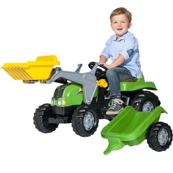 Rolly Toys rollyKid: Grønn tråtraktor med frontlaster og tilhenger