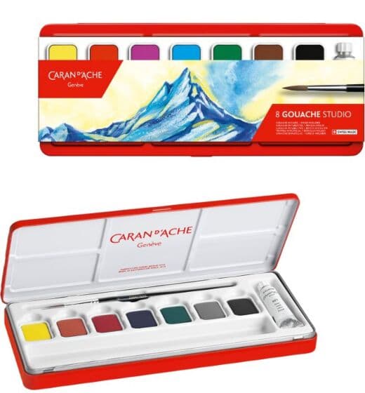 Caran d'Ache Gouache Studio vannbasert maling - 8 farger og en pensel