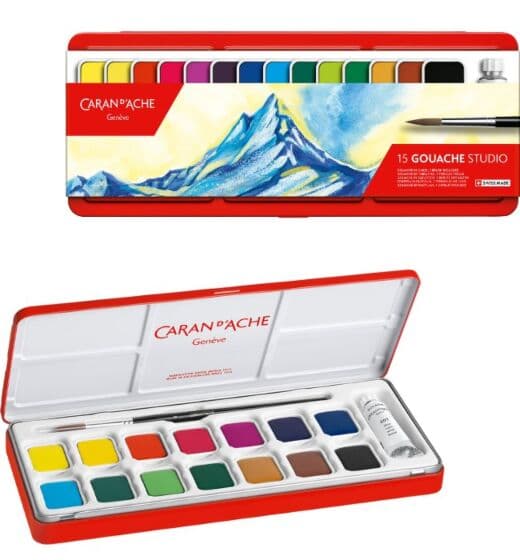 Caran d'Ache Gouache Studio vannbasert maling - 15 farger og en pensel
