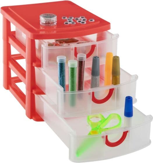 Grafix oppbevaringshylle med 3 skuffer - hobbysett med saks, klistremerker, glitterlim og mer