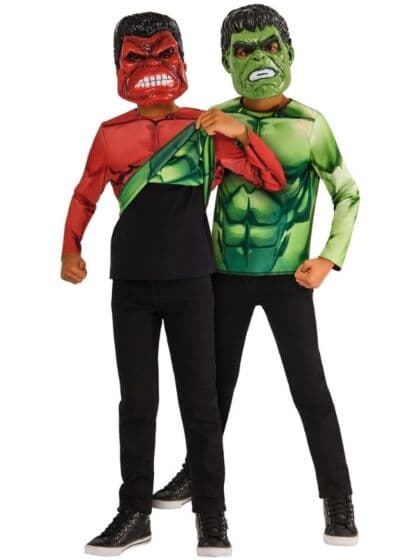 Marvel Hulk tosidig topp med to masker – kostyme 7–8 år / 128 cm