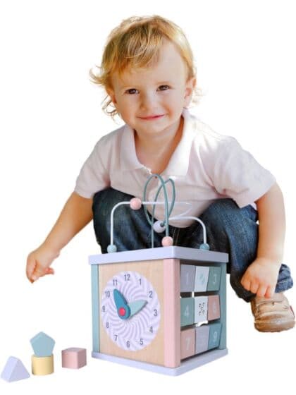 EduFun Aktivitetskube i tre med klokke, putteboks, labyrint og mer - 20 cm