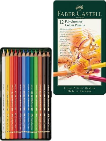 Faber-Castell Polychromos fargeblyanter - 12 farger i metallskrin