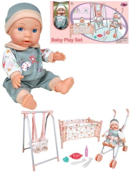 Lissi Babydukke lekesett – dukkeseng, vippestol, vogn og tilbehør