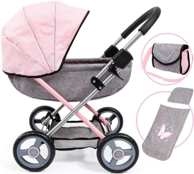 Bayer Design dukkevogn med teppe og pute - passer dukke 46 cm - grå og rosa