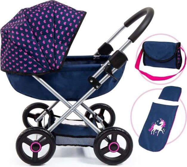 Bayer Design Cosy blå dukkevogn med stellebag, teppe og pute - til dukker 46 cm