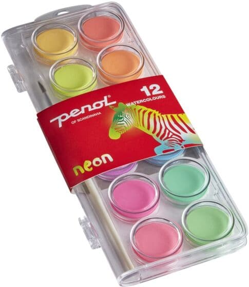Penol Neon maleskrin med pensel - 12 farger vannmaling