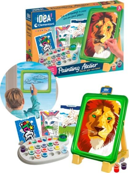 Clementoni Idea Paint Atelier - 2i1 tegne- og malesett med gjennomsiktig lerret, maling og tegninger