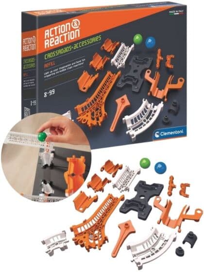 Clementoni Action and Reaction - påbyggingssett til kulebane - banedeler, plattform, bindeledd og kryss