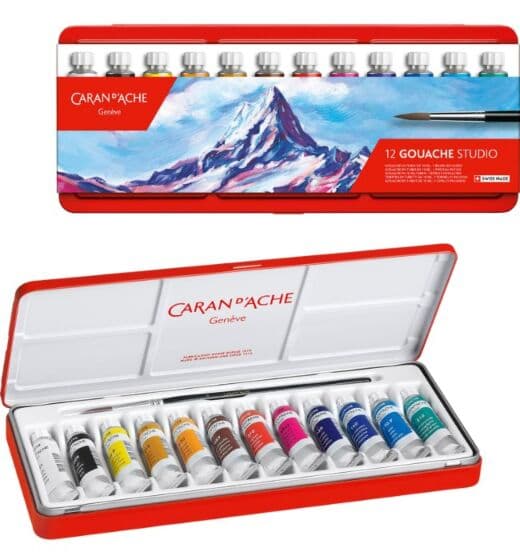 Caran d'Ache Gouache Studio vannbasert maling - 12 tuber og 1 pensel