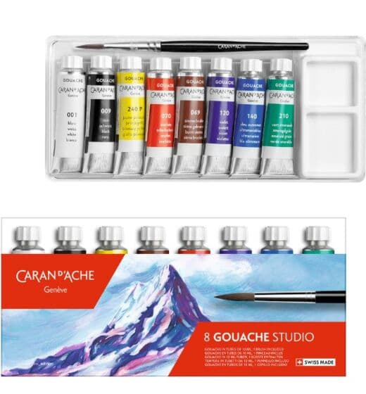 Caran d'Ache Gouache Studio vannbasert maling - 8 tuber og 1 pensel