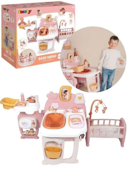 Smoby Baby Nurse Stort lekesenter til dukker – spiseområde, stellebord & vugge med 19 tilbehør