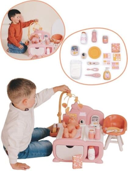 Smoby Baby Nurse Stelle- og Lekesenter – omsorgssett med lekekamera, babycall og 14 tilbehør