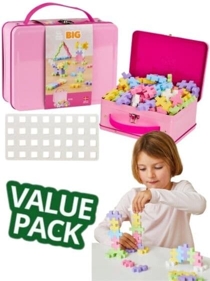 Plus Plus BIG Pastel Value Pack byggesett med 70 brikker og byggeplate i metallkoffert