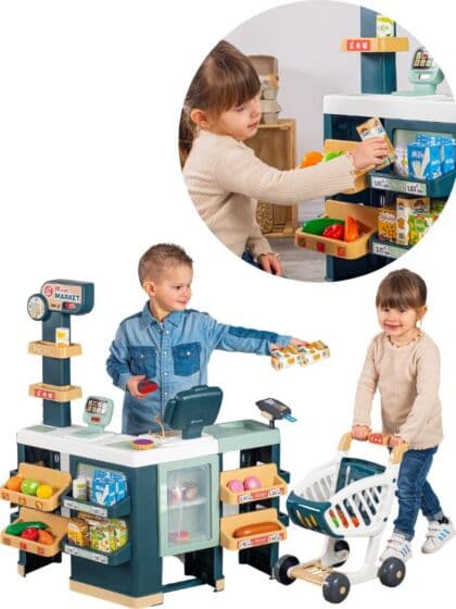 Smoby Maxi Market lekebutikk med lekemat og penger - handlevogn følger med